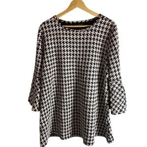 Ali Miles Black White Houndstooth Art to Wear Bell Sleeve Blouse Size XL